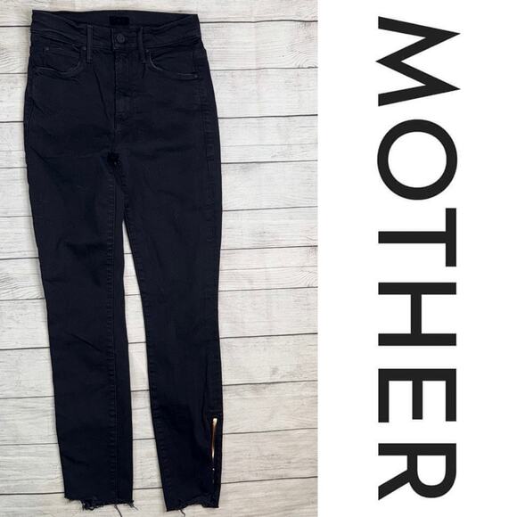MOTHER The Stunner Double Zip Ankle Step Fray Black Denim Jeans Size 24 - Picture 1 of 12